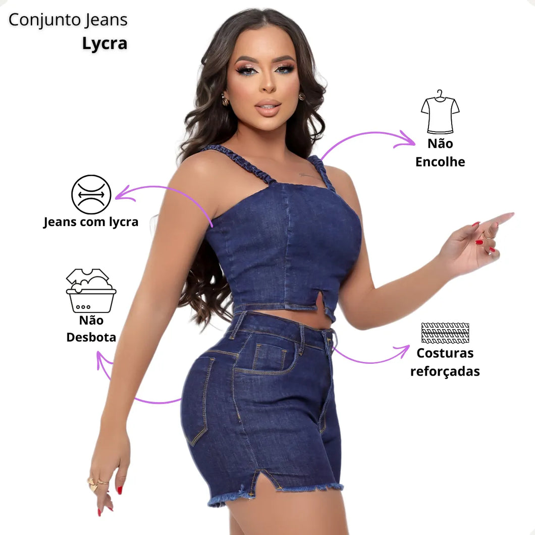 Conjunto All Jeans Feminino Lycra Top Short Lycra Cós Alto